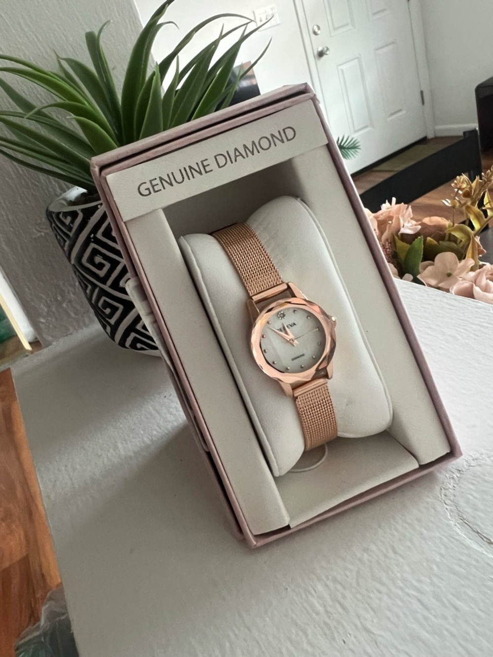 Genuine Diamond Faceted Bezel Adjustable Mesh Watch